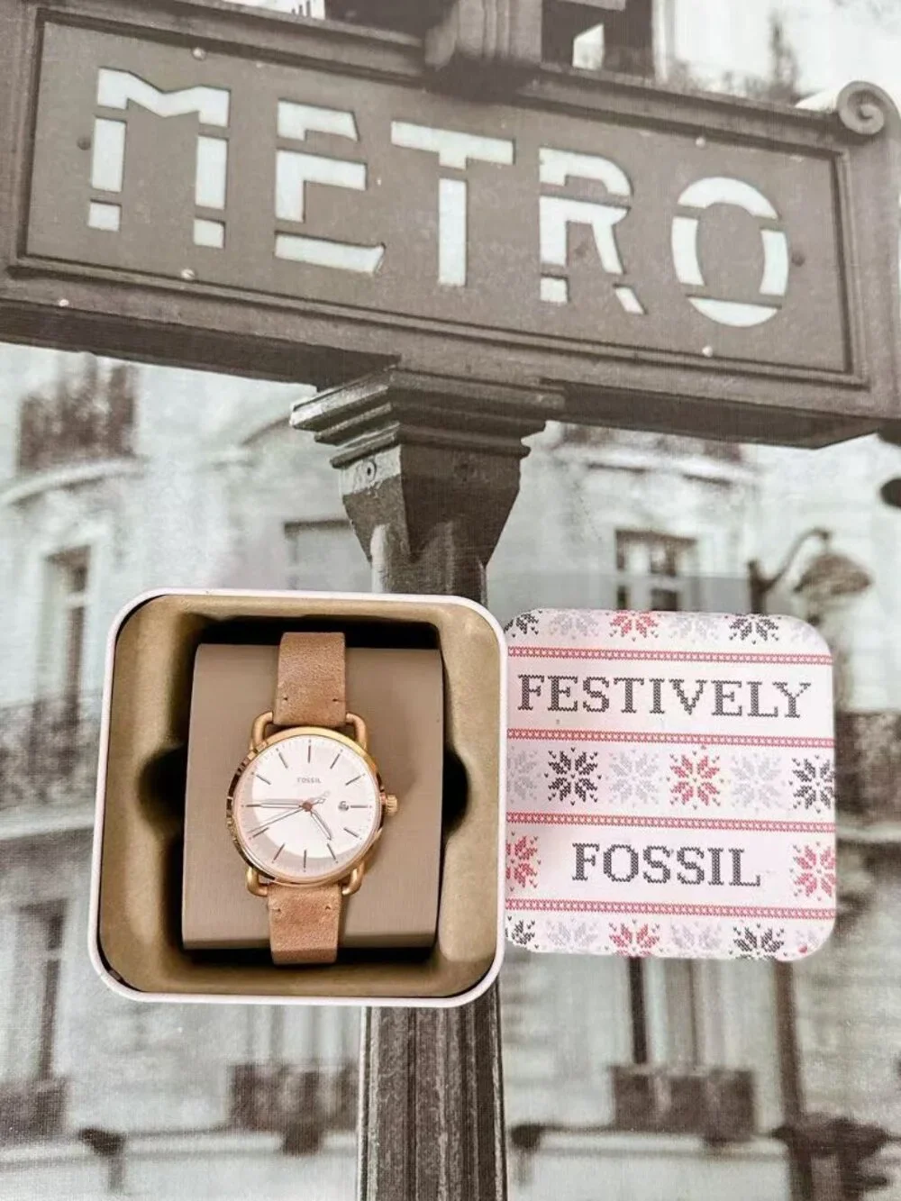Fossil Commuter ES4335 Rose Gold White Dial Beige Leather Quartz Watch